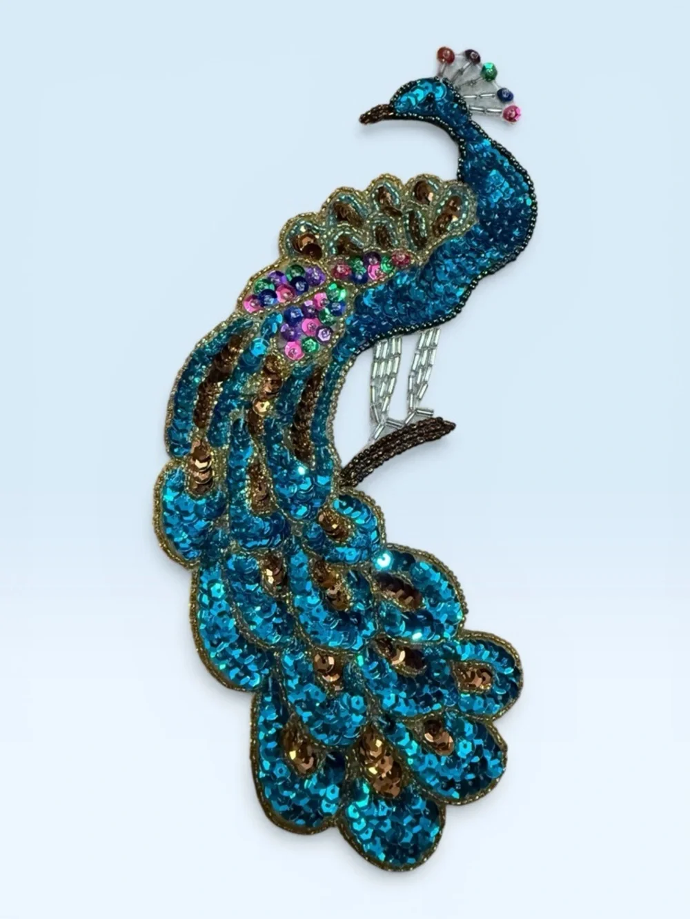 Vintage Turquoise Peacock Sequin & Beaded Appliqué Brooch - Picture 7 of 7